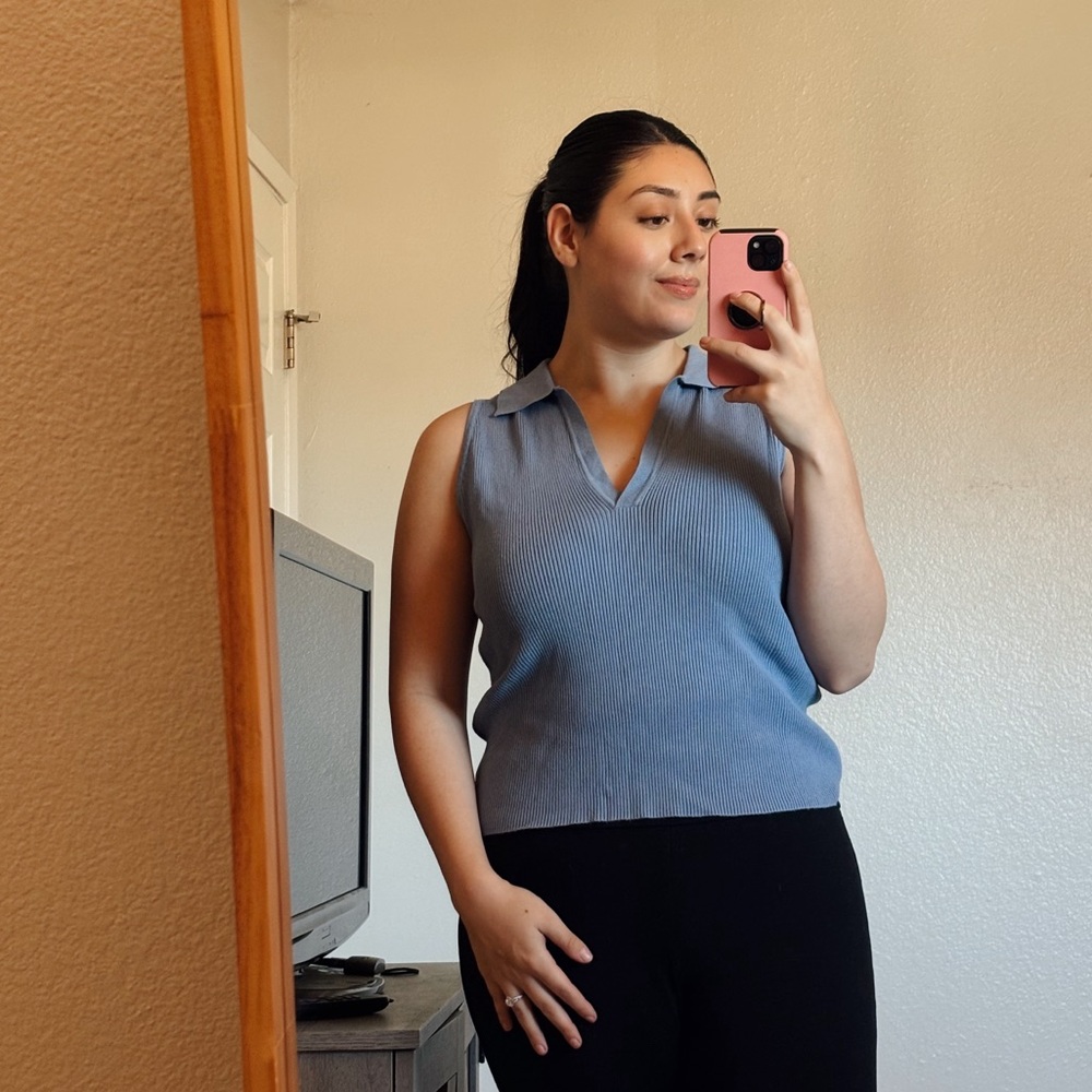 Blue Knit Cropped Collared Tank